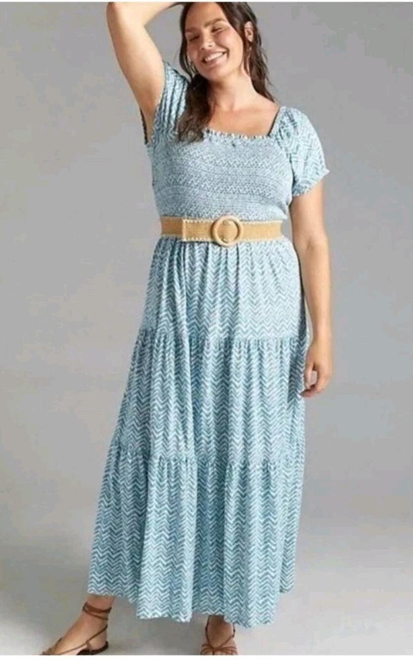 Anthropologie Daily Practice Blue Cotton Smocked Chevron Tiered Maxi Dress XL